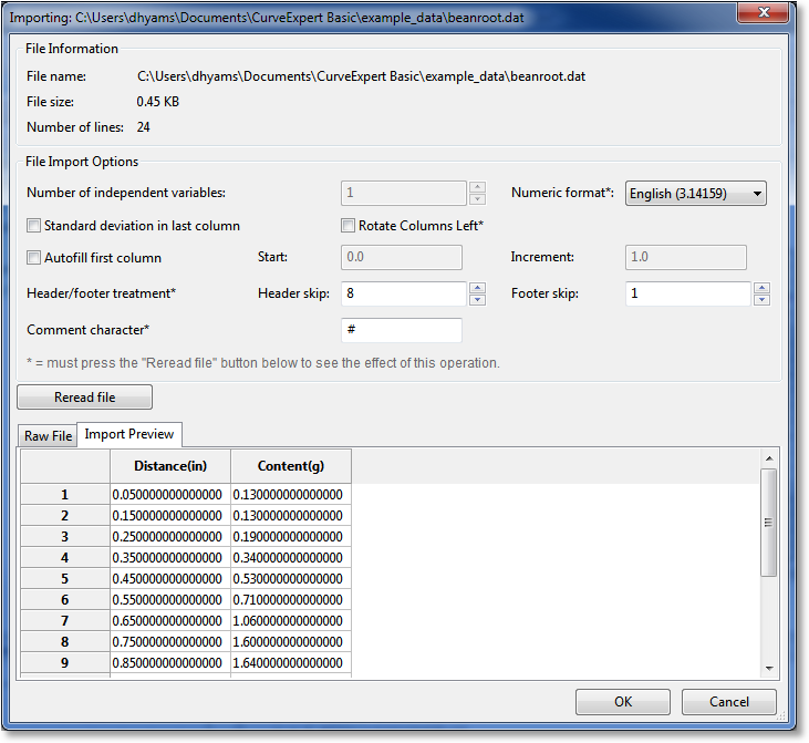 CurveExpert Basic file import dialog.